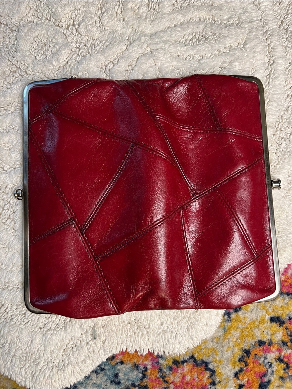 HOBO Lauren Clutch Double Frame Wallet RED Distressed Patchwork Leather